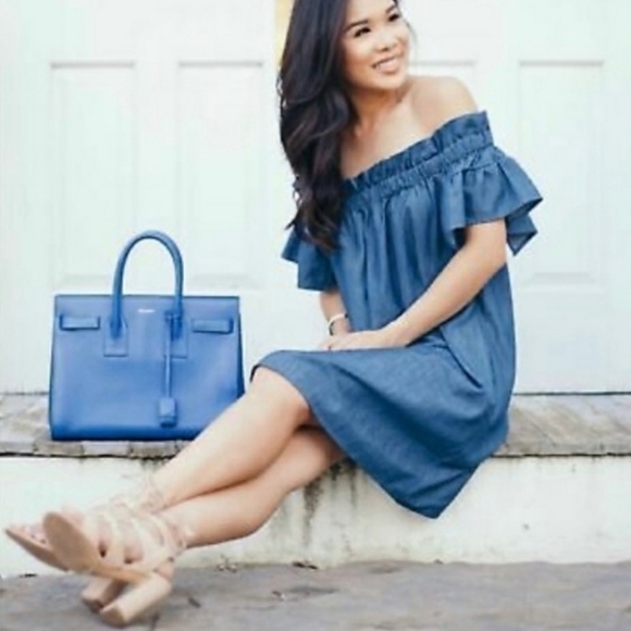 Corey Lynn Calter Anthropologie Chambray Off the Shoulder OTS Mini Dress Size M - Picture 1 of 11